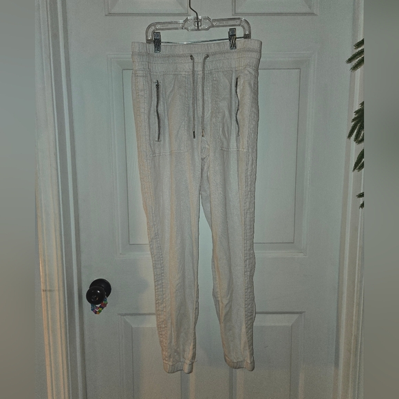 Athleta Pants - Athleta Cream Patterned Mid Rise Linen Joggers Wide Band Size 2